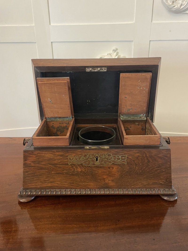 Fine Antique Regency Inlaid Brass Rosewood Tea Caddy - Image 8